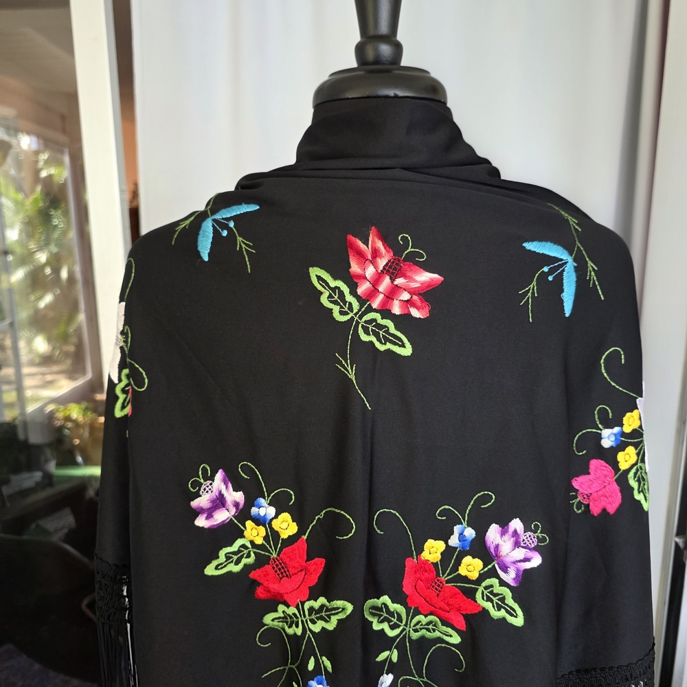 Vintage Boho Chic Fringe Black Floral Embroidered Wrap Triangle Scarf - Picture 4 of 13